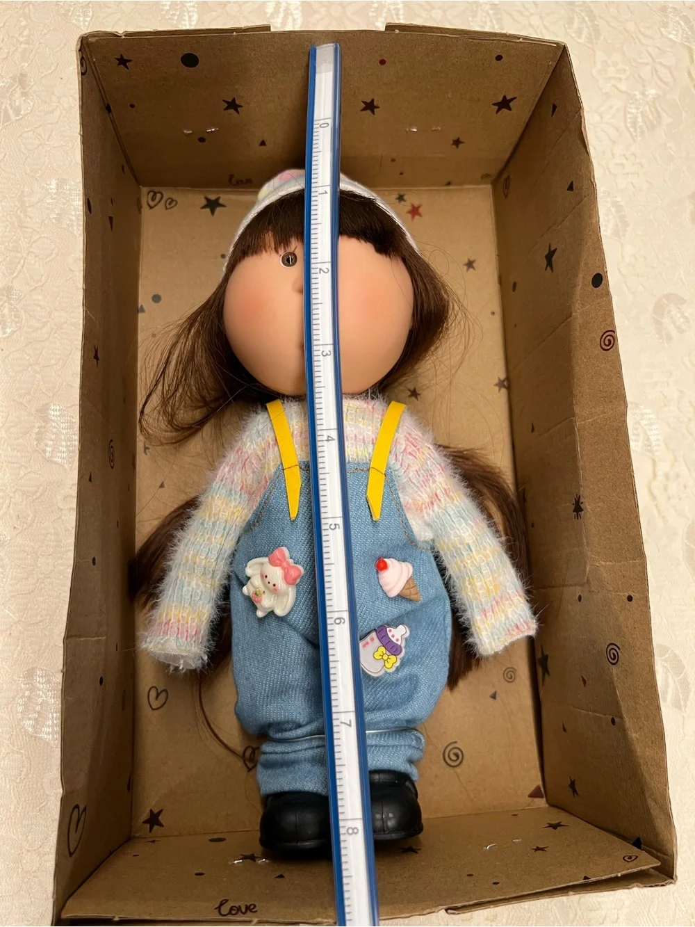 New, Mia Potato Doll in Pastel Striped Hat and Blue Overalls